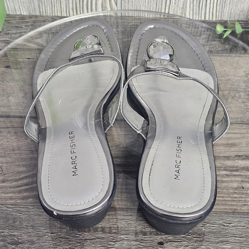 Marc Fisher Silver Embellished Thong Wedge Sandals Women‎ Size 9M